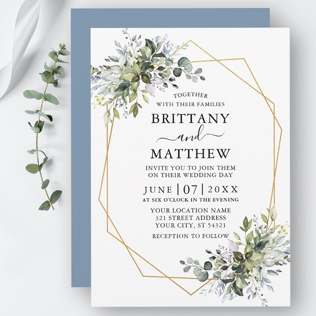 Convite Casamento Azul Dusty Geo Geo Greenery (Customize to change text color, style, add text & photos to back or change color of back of card.)