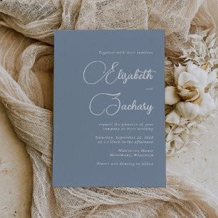 Convite Casamento Azul Dusty, Script Elegante