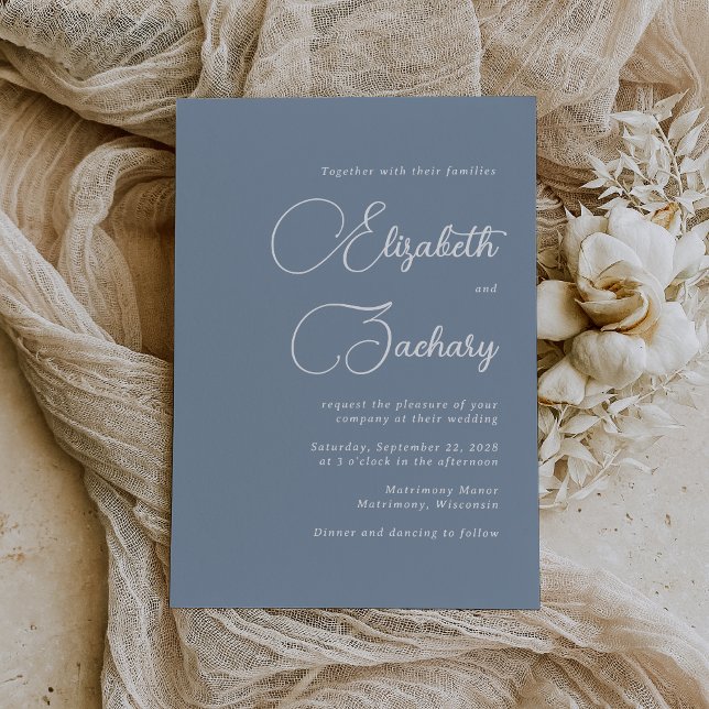 Convite Casamento Azul Dusty, Script Elegante (The perfect choice for a wedding with a dusty blue color palette.)