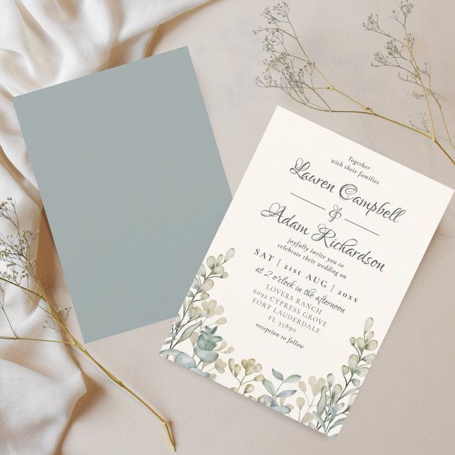 Convite Casamento Azul e Bege com Eucalipto Boho Aquarela (Criador carregado)