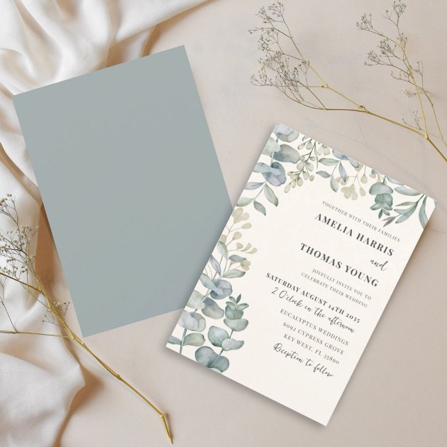 Convite Casamento Azul e Bege com Eucalipto Boho Aquarela (Criador carregado)