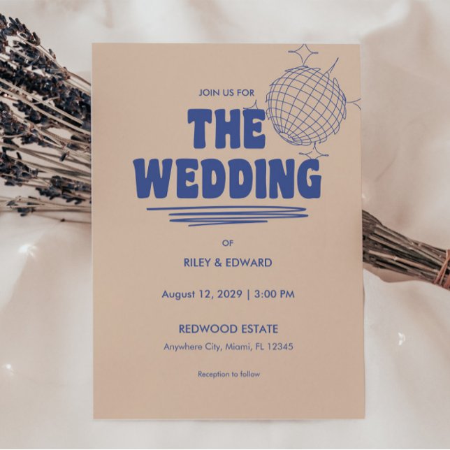 Convite Casamento Azul e Bege Retro Ousado (Criador carregado)