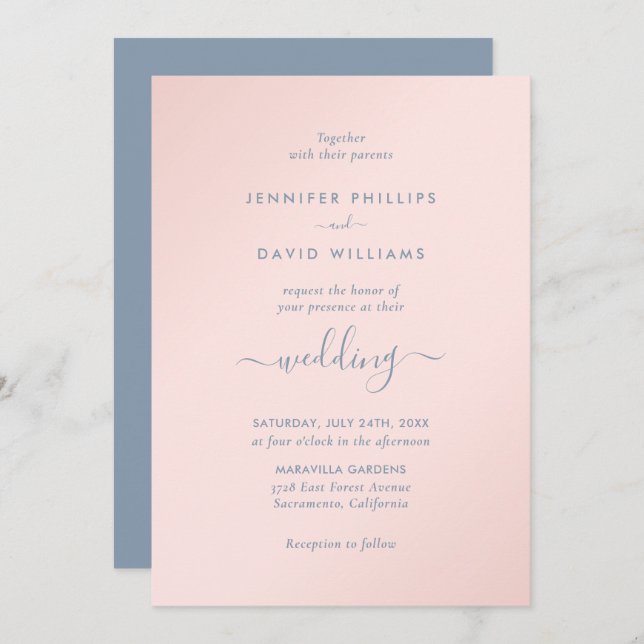 Convite Casamento Azul e Blush com Script Moderno (Frente/Verso)