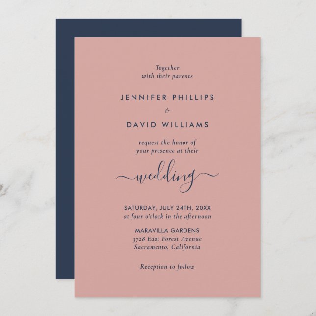 Convite Casamento Azul e Blush do Marinho Moderno Elegante (Frente/Verso)