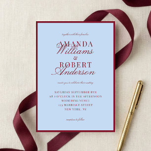 Convite Casamento Azul e Borgonha Elegante com Estilo Old