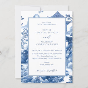 Convite Casamento Azul e Branca de Chinoiserie Azul Pagoda