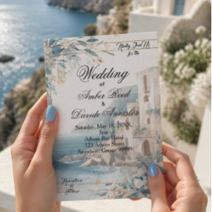Convite Casamento Azul e Branco à Beira-Mar Mediterrâneo