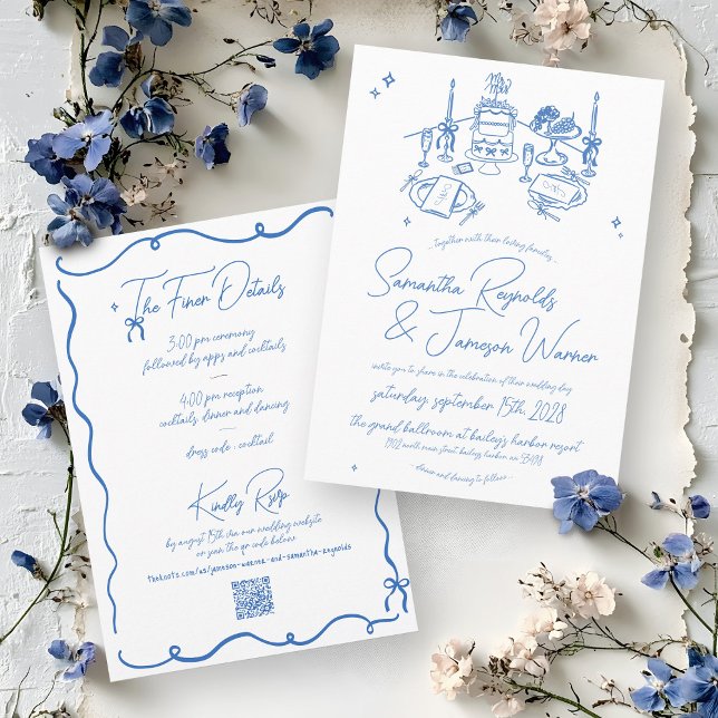Convite Casamento Azul e Branco Desenho Da Mão Retroativa (Modern minimalist hand drawn handwritten quirky blue and white scribbles doodles wedding invitation)