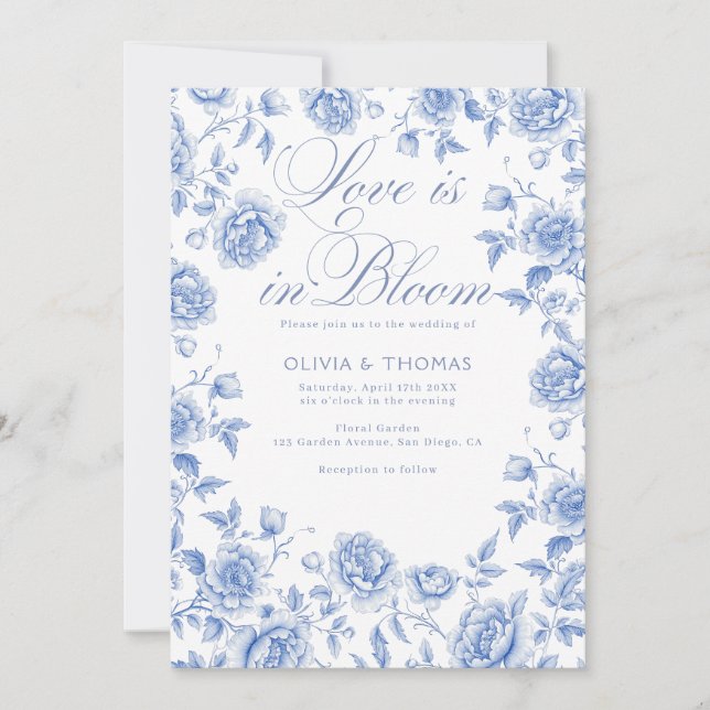Convite Casamento azul e branco elegante no estilo chinois (Frente)