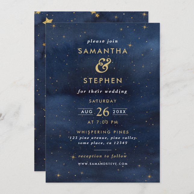 Convite Casamento Azul e Dourado com Starry Night Sky (Frente/Verso)