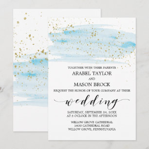 Convite Casamento azul e Dourado da aguarela da faísca