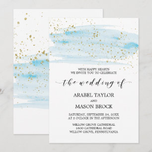 Convite Casamento azul e Dourado da aguarela da faísca