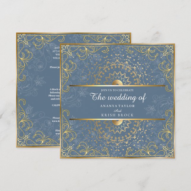 Convite Casamento Azul e Dourado Deslumbrante  (Frente/Verso)