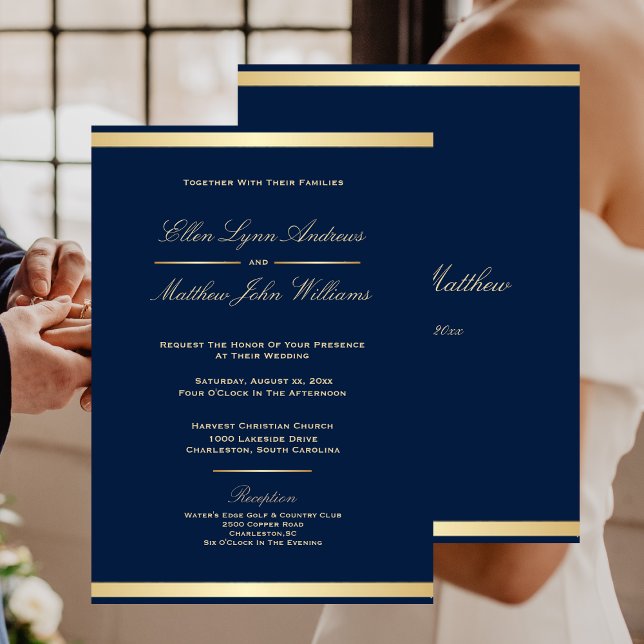 Convite Casamento azul e Dourado do Marinho Elegante (Elegant Navy Blue and Gold Trim Wedding Invitation)