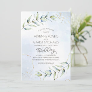 Convite Casamento Azul e Dourado Eucalyptus Watercolor