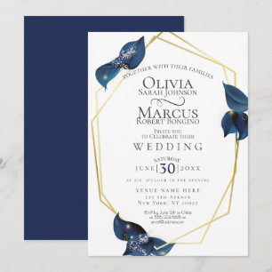 Convite Casamento  Azul e Dourado índigo modernos