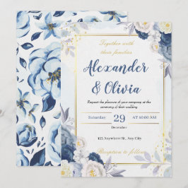 Convite casamento azul e floral elegante de outono