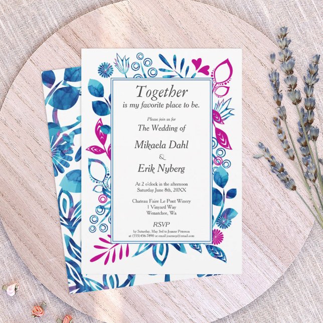 Convite Casamento Azul e Rosa Magenta (blue and pink, royal blue and magenta floral wedding invitations, floral frame border)