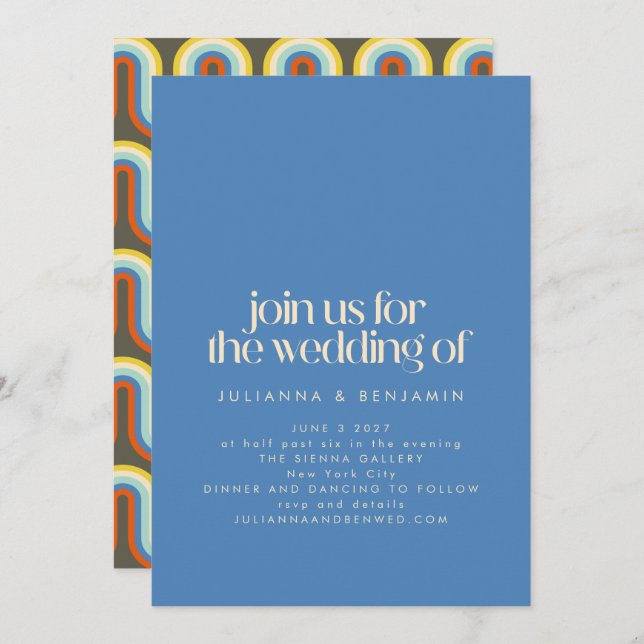 Convite Casamento Azul e Verde Azul do Groovy Retro dos an (Frente/Verso)