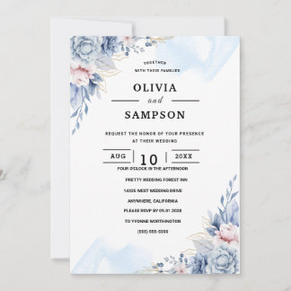 Convite Casamento azul elegante branco