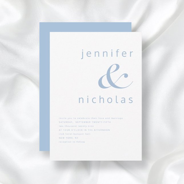 Convite Casamento Azul Elegante com E comercial (Powder Blue Simple Minimalist Typography Wedding Invitation)