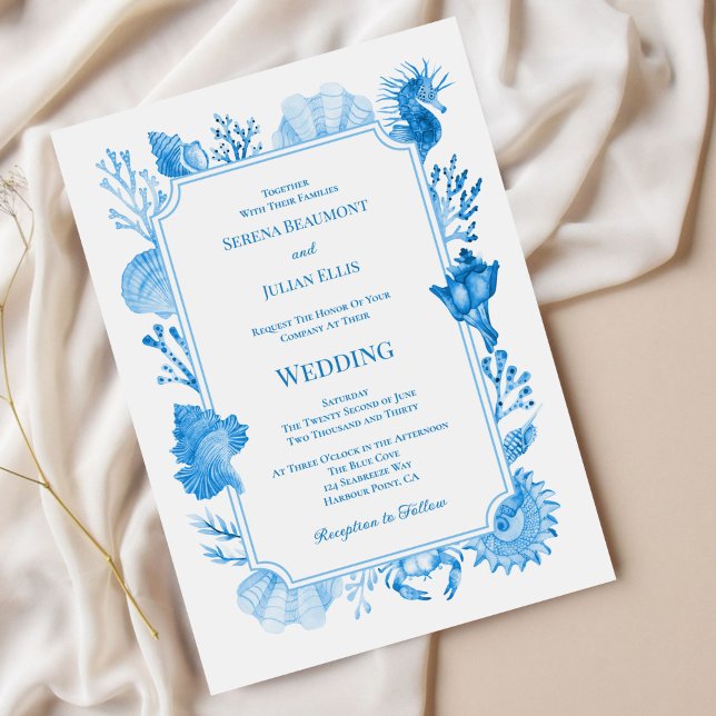 Convite Casamento Azul Elegante de Conchas Marinhas e Cora (Elegant Blue Coastal Seashell and Coral Wedding Invitation)