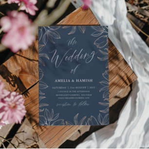 Convite Casamento Azul Elegante e Folhas em Dourado Rosa