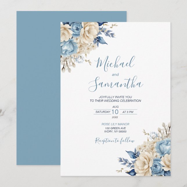 Convite Casamento Azul Elegante e Rosa de Marfim (Frente/Verso)