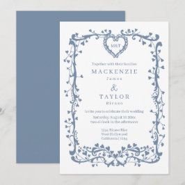 Convite Casamento Azul Elegante Francês Coração Moldura