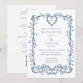 Convite Casamento Azul Elegante Francês Coração Moldura