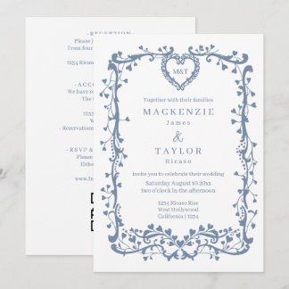 Convite Casamento Azul Elegante Francês Coração Moldura