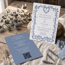 Convite Casamento Azul Elegante Francês Coração Moldura