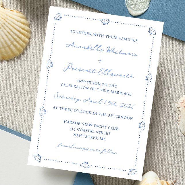 Convite Casamento Azul Elegante Fronteira Chic Costeira (A nautical-inspired wedding invitation with delicate seashell details. Perfect for a classic wedding)