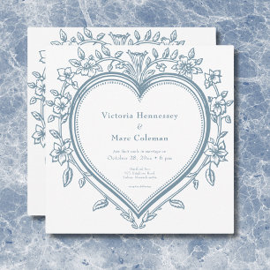 Convite Casamento Azul Elegante Vintage Chinoiserie Coraçã