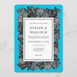 Convite Casamento Azul Elétrico de Rosas Negras e Brancas