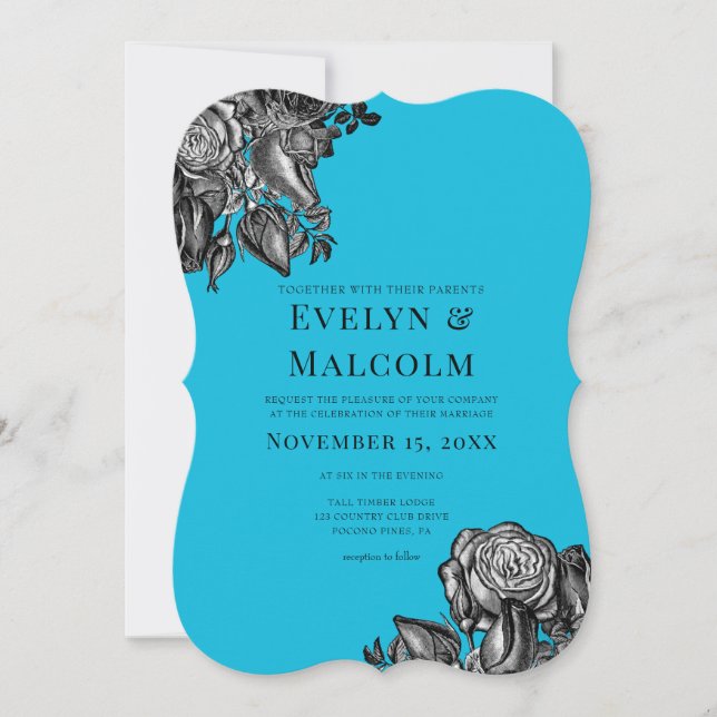 Convite Casamento Azul Elétrico de Rosas Negras e Brancas (Frente)