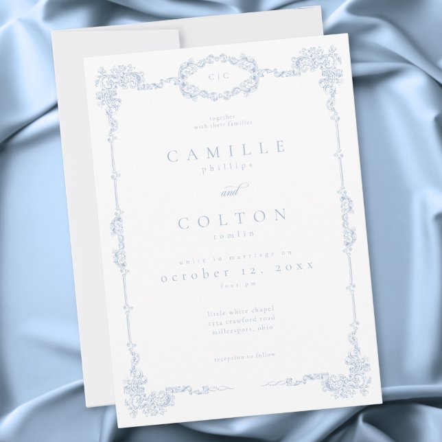 Convite Casamento Azul Empoeirado Barroco Vintage Elegante (Elegant Vintage Baroque Dusty Blue Wedding Invitation)