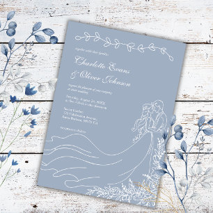 Convite Casamento Azul Empoeirado de Casal Rústico Desenha