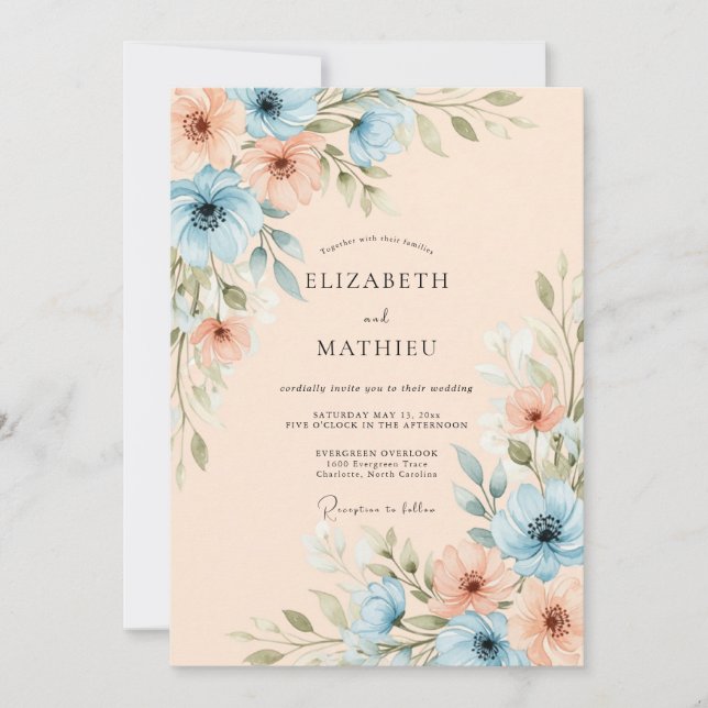 Convite Casamento Azul Empoeirado e Feliz de Primavera (Frente)
