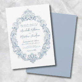 Convite Casamento Azul Empoeirado Elegante Romântico Ornam