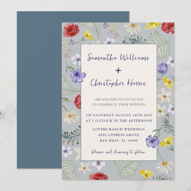 Convite Casamento Azul Empoeirado Flor Silvestre Caprichos (Frente/Verso)