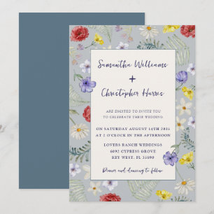 Convite Casamento Azul Empoeirado Flor Silvestre Caprichos