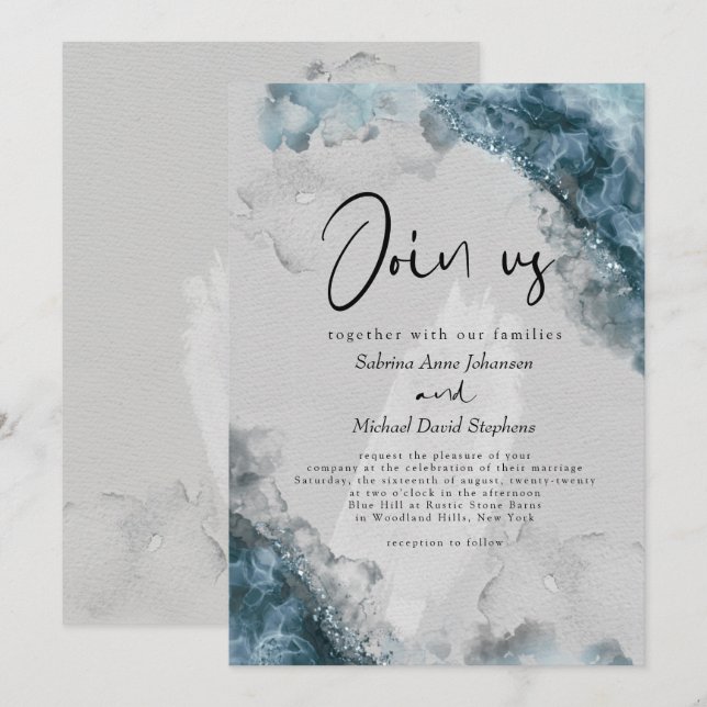 Convite CASAMENTO | Azul Empoeirado Pedra Cinza Tinta Álco (Frente/Verso)