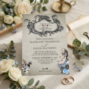 Convite Casamento Azul Empoeirado Vintage Alice no País da