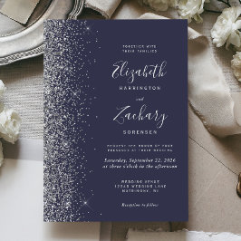 Convite Casamento Azul Escuro Borda de Brilho Falso Prata