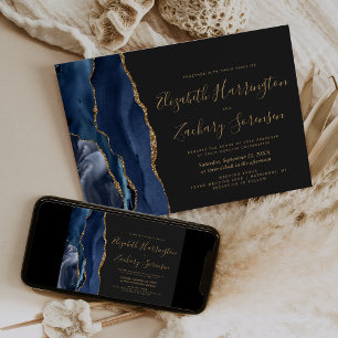 Convite Casamento Azul Escuro Dourado Ágata Moderno