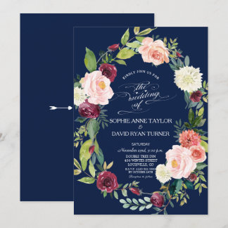 Convite Casamento Azul Escuro Floral Escuro-Escuro