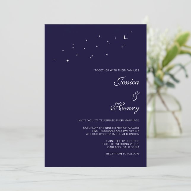 Convite Casamento Azul Escuro Noite Script Celestial Elega (Em pé/Frente)