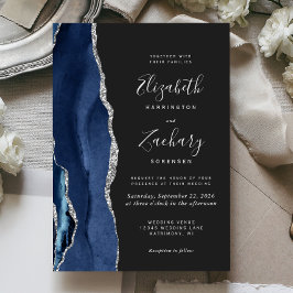 Convite Casamento Azul Escuro Prata Ágata Moderna