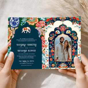 Convite Casamento Azul Escuro Vibrante do Elefante Folk In